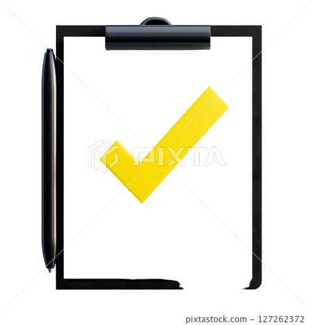 the image shows a clipboard with a sheet of white paper. a bright yellow check mark is centrally placed on the paper, casting a slight shadow 127262372