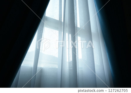 black and white curtain on the window in home, interior design 127262705