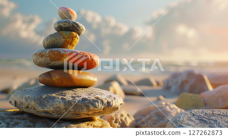 Balance Zen red and yellow stone on beach with blue sky 127262873