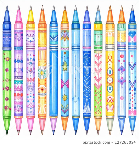 Colorful Watercolor Pens with Ethnic Geometric Patterns Colorful Watercolor Pens with Ethnic Geometric Patterns 127263054