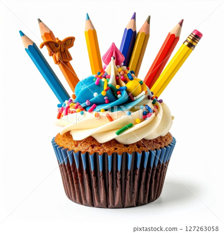 Colorful Cupcake Decorated with Colored Pencils Colorful Cupcake Decorated with Colored Pencils 127263058
