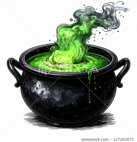 Green Potion Boiling in Black Cauldron with Smoke 127263075