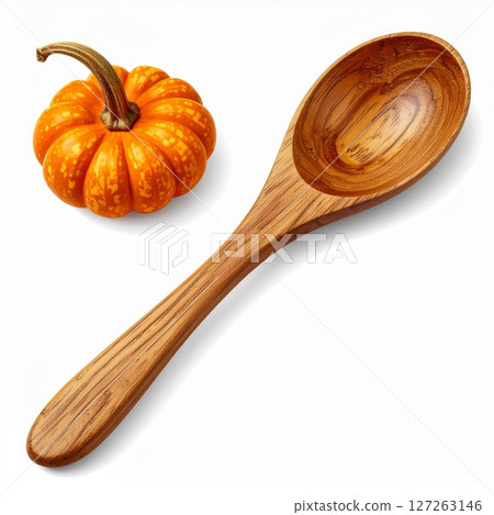 Small Orange Pumpkin and Wooden Spoon on White 127263146