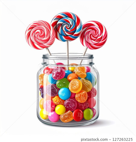 Colorful Lollipops and Candies in Glass Jar 127263225