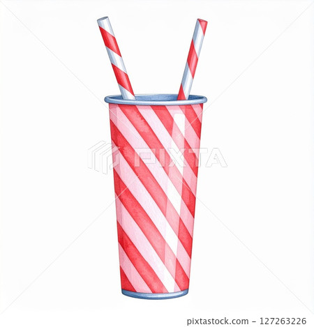 Red And Pink Striped Cup With Straws Watercolor Illustration 127263226