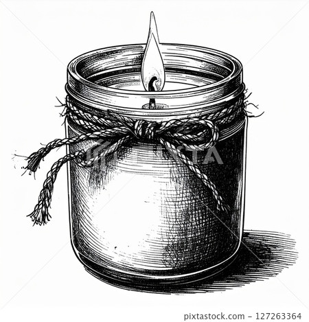 Black And White Drawing Of A Lit Candle In A Rustic Jar 127263364