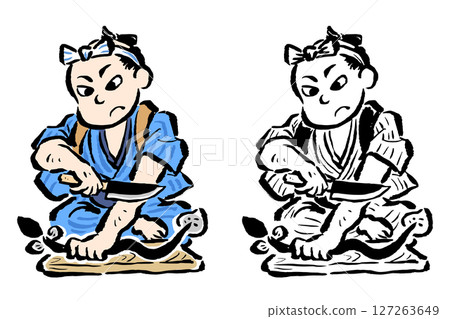 江戶男子拿刀瞄準鰻魚 - 彩色和線條畫集 江戶男子拿刀瞄準鰻魚 - 彩色和線條畫集 127263649