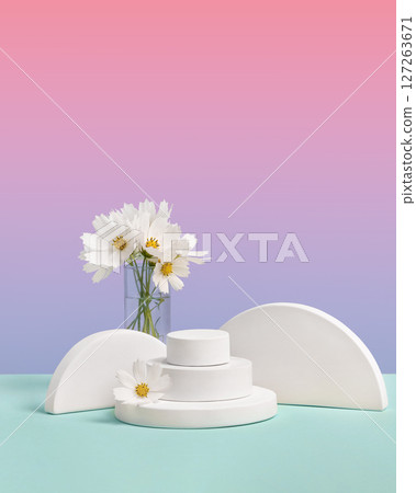 White round podium set on a gradient background white cosmos flowers. Concept scene stage showcase for new product, sale, cosmetic, presentation. Abstract geometric composition in minimalist design. White round podium set on a gradient background white cosmos flowers. Concept scene stage showcase for new product, sale, cosmetic, presentation. Abstract geometric composition in minimalist design. 127263671