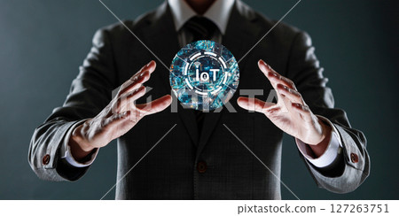 businessman holding a sphere with a globe in his hands. 127263751
