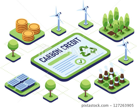 Isometric Carbon Credit with Solar Panels and Eco-Friendly Factories 127263905