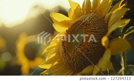 Sunflower yellow petal blossoming botanical garden macro photo blurred background 127264313