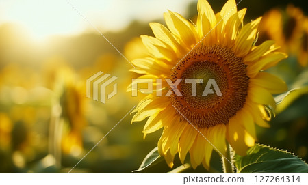 Sunflower yellow petal blossoming botanical garden macro photo blurred background 127264314