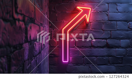 Direction arrow line to up retro neon light glow dark wall background 127264324