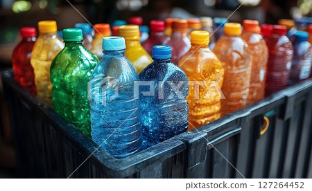 Colorful array of plastic bottles ready for recycling or repurposing 127264452