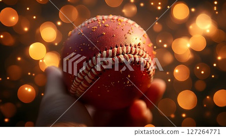 A Glimmering Baseball Captured in a Hand with Bokeh Lights 127264771
