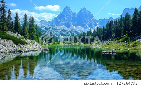 Serene Mountain Landscape with Reflective Waters and Lush Greenery 127264772
