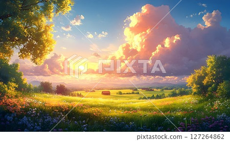Tranquil Pastoral Landscape at Sunset, Rolling Hills and Blooming Meadow 127264862