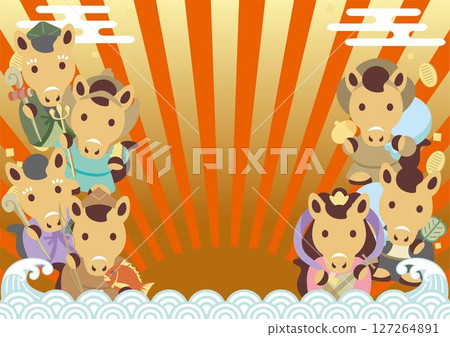 New Year 2026 Frame Zodiac Seven Lucky Gods Seigaiha First Sunrise Year of the Horse Horse Cute New Year's Card Illustration 127264891