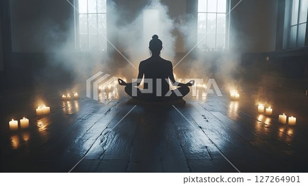 Meditative woman silhouetted against candles in mystical, smoky ambiance 127264901