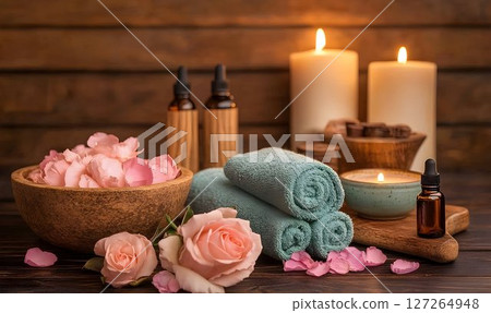 Serene spa arrangement showcases wellness essentials on wooden backdrop 127264948