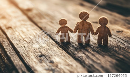 Representing family bonds and values through wooden figurines on rustic wood 127264953
