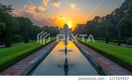 Stunning Sunset Over Iconic Monument Surrounded by Lush Gardens Stunning Sunset Over Iconic Monument Surrounded by Lush Gardens 127264987