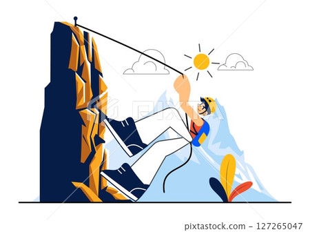 Rock Climbing Vector Illustration Featuring a Climber Ascending a Rock Wall or Mountain Cliffs as Part of Extreme Sports in a Flat Style Background 127265047