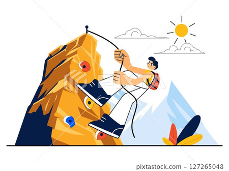 Rock Climbing Vector Illustration Featuring a Climber Ascending a Rock Wall or Mountain Cliffs as Part of Extreme Sports in a Flat Style Background Rock Climbing Vector Illustration Featuring a Climber Ascending a Rock Wall or Mountain Cliffs as Part of Extreme Sports in a Flat Style Background 127265048