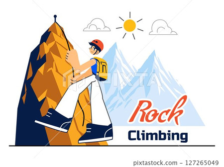 Rock Climbing Vector Illustration Featuring a Climber Ascending a Rock Wall or Mountain Cliffs as Part of Extreme Sports in a Flat Style Background 127265049