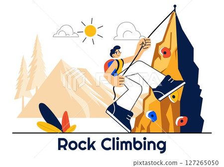 Rock Climbing Vector Illustration Featuring a Climber Ascending a Rock Wall or Mountain Cliffs as Part of Extreme Sports in a Flat Style Background Rock Climbing Vector Illustration Featuring a Climber Ascending a Rock Wall or Mountain Cliffs as Part of Extreme Sports in a Flat Style Background 127265050