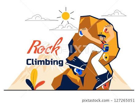 Rock Climbing Vector Illustration Featuring a Climber Ascending a Rock Wall or Mountain Cliffs as Part of Extreme Sports in a Flat Style Background Rock Climbing Vector Illustration Featuring a Climber Ascending a Rock Wall or Mountain Cliffs as Part of Extreme Sports in a Flat Style Background 127265051