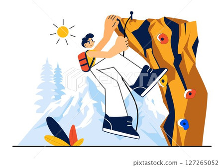 Rock Climbing Vector Illustration Featuring a Climber Ascending a Rock Wall or Mountain Cliffs as Part of Extreme Sports in a Flat Style Background 127265052