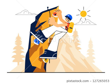 Rock Climbing Vector Illustration Featuring a Climber Ascending a Rock Wall or Mountain Cliffs as Part of Extreme Sports in a Flat Style Background Rock Climbing Vector Illustration Featuring a Climber Ascending a Rock Wall or Mountain Cliffs as Part of Extreme Sports in a Flat Style Background 127265053