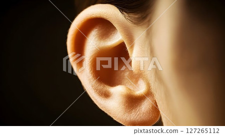 Macro close-up of a human ear showcasing intricate details and textures Macro close-up of a human ear showcasing intricate details and textures 127265112