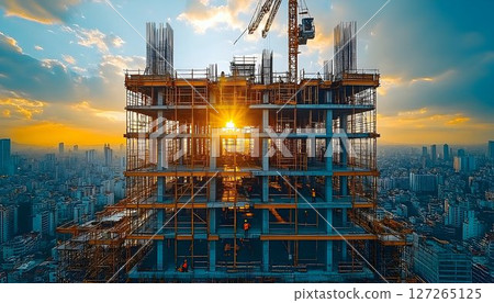 Skyscraper Construction at Golden Hour, A Symphony of Progress and Light 127265125