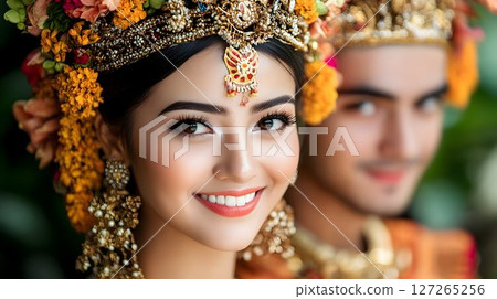 Smiling Cambodian bride and groom radiating elegance in traditional attire 127265256