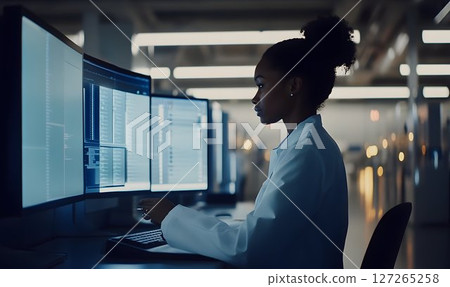 Researcher intensely analyzing data on multiple monitors in laboratory setting 127265258