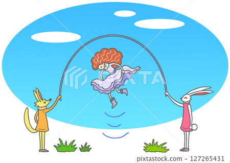 童話幻想 - 動物和玩跳繩的女孩 127265431