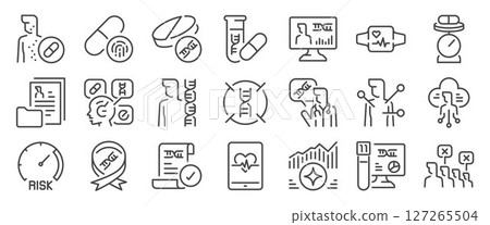 Personal medicine icon set. It included science, Tailored Pill, DNA Match, medical and more icons. Personal medicine icon set. It included science, Tailored Pill, DNA Match, medical and more icons. 127265504