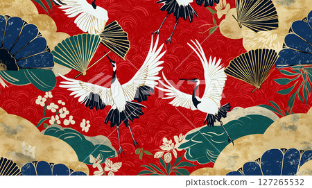 Japanese elegance: Background material of gold-painted patterns of cranes and fans 127265532