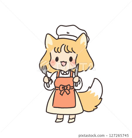 Illustration, icon, material, no background of a girl with fox ears and a tail holding a knife and fork 127265745