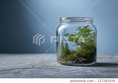 Conceptual Still Life of a Tranquil Green Forest Scene Inside a Glass Jar 127265834