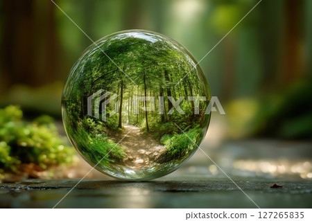 Crystal Ball Reflecting Lush Green Forest Pathway Surrounded by Sunlight 127265835