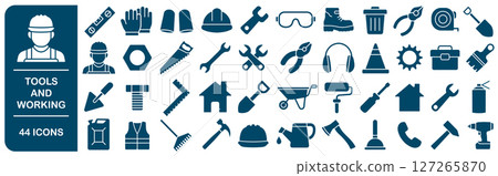 Tools and working safety icons set. Repair, handyman, fixing, work, safety gears, tool logo, icon, sign collection. Vector illustration image. Isolated on white background. Tools and working safety icons set. Repair, handyman, fixing, work, safety gears, tool logo, icon, sign collection. Vector illustration image. Isolated on white background. 127265870