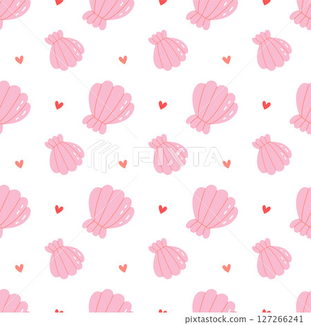 Cute Pink Seashells and Hearts Seamless Summer Beach Pattern 127266241