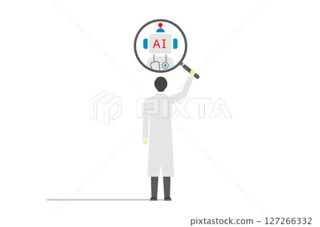 Illustration of a man in a white coat observing an AI doctor robot with a magnifying glass 127266332