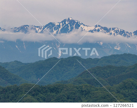 從長野縣小川村阿爾卑斯展望台眺望的鄉村新綠與五龍山的殘雪(無人機空拍) 從長野縣小川村阿爾卑斯展望台眺望的鄉村新綠與五龍山的殘雪(無人機空拍) 127266521