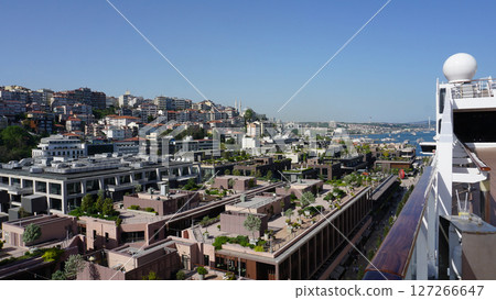 Istanbul, Turkey - Galataport waterfront in Karakoy with a view of the city skyline from abstract cruise ship 127266647