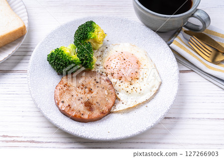 Breakfast with ham and eggs 127266903