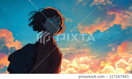 A woman looking up at the fantastic sky 127267465